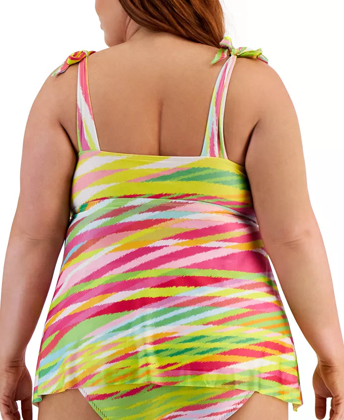 Becca Etc Plus Size Awaken Printed Tie-Strap Tankini Top, Size 1X