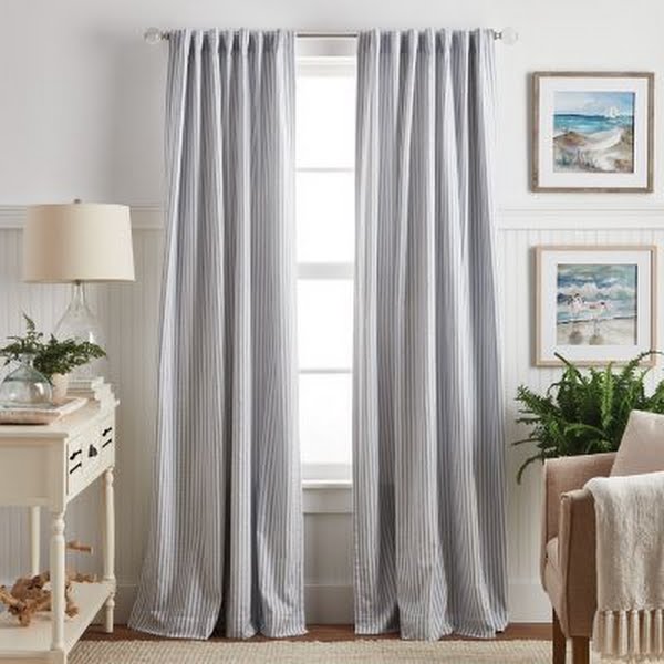 Martha Stewart Ticking Stripe Back Tab Curtain Panel Pair Indigo 95-inch