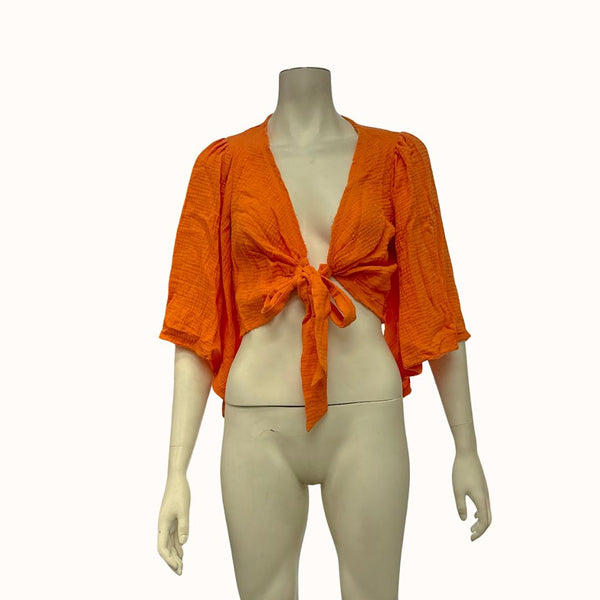 Lulus Friendship Bright Orange Tie-Front Crop Top, Size Large