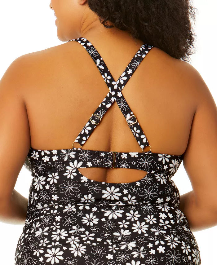 Salt + Cove Trendy Plus Size Coastal Fleurs Cinch-Front X-Back Tankini, 1X