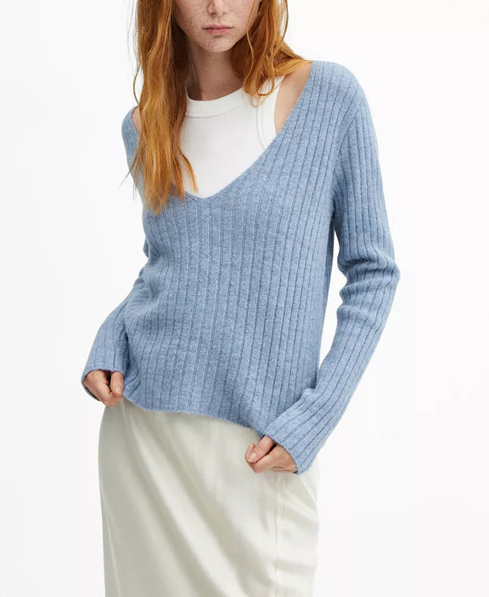 Mango Womens V-Neck Ribbed Knit Sweater - Blue, Size XXL