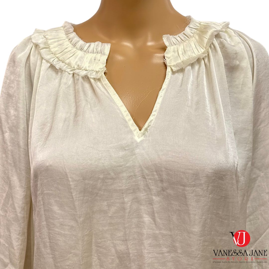 Vince Camuto Ruffle Sleeve Rumple Satin Blouse in New Ivory, Size Large