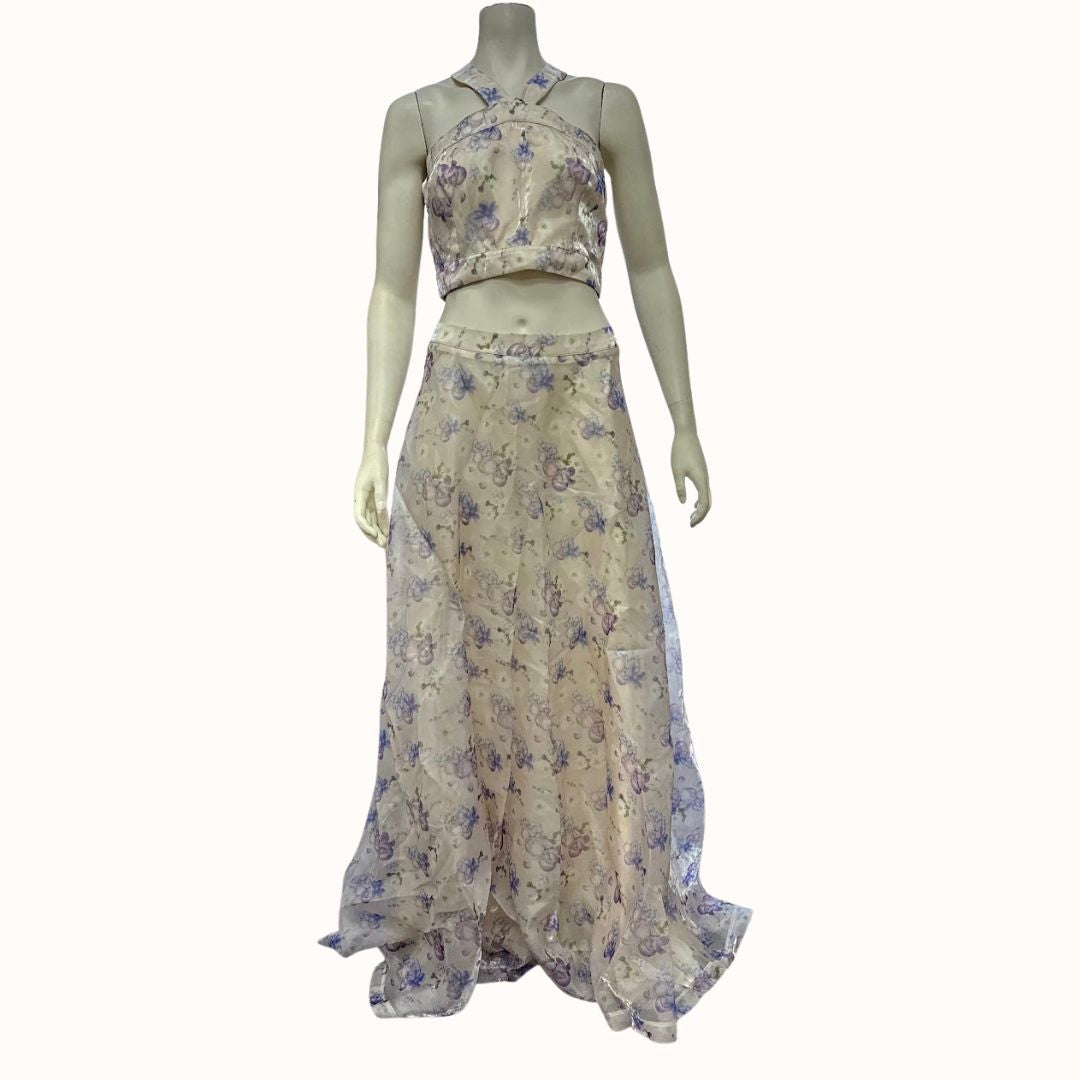 Lulus Gorgeous Entrance Cream Floral Print Two-Piece Halter Maxi Dress, Large