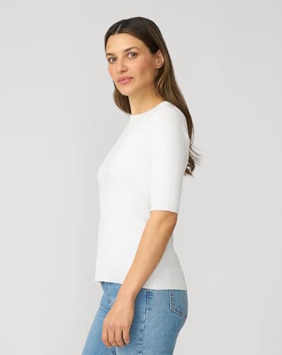 Cable and Gauge White Short Elbow Sleeve Crewneck Sweater, Size Medium