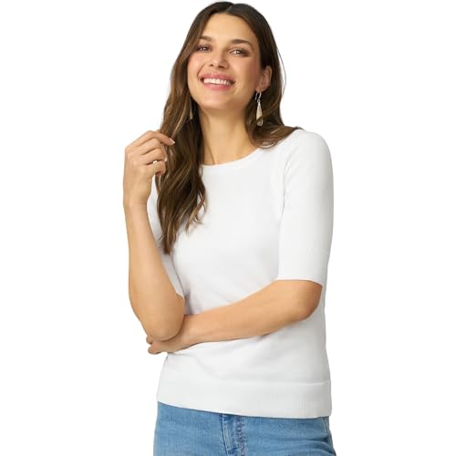 Cable and Gauge White Short Elbow Sleeve Crewneck Sweater, Size Medium