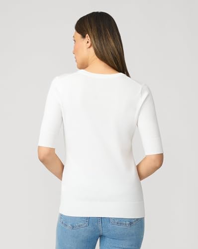 Cable and Gauge White Short Elbow Sleeve Crewneck Sweater, Size Medium