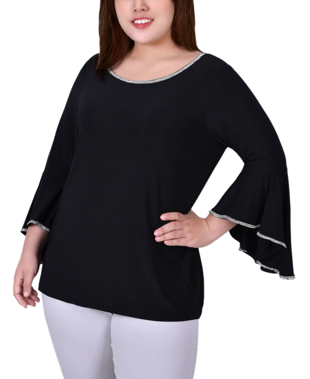 Ny Collection Plus Size Long Bell Sleeve Tunic Top with Stone Details, 1X