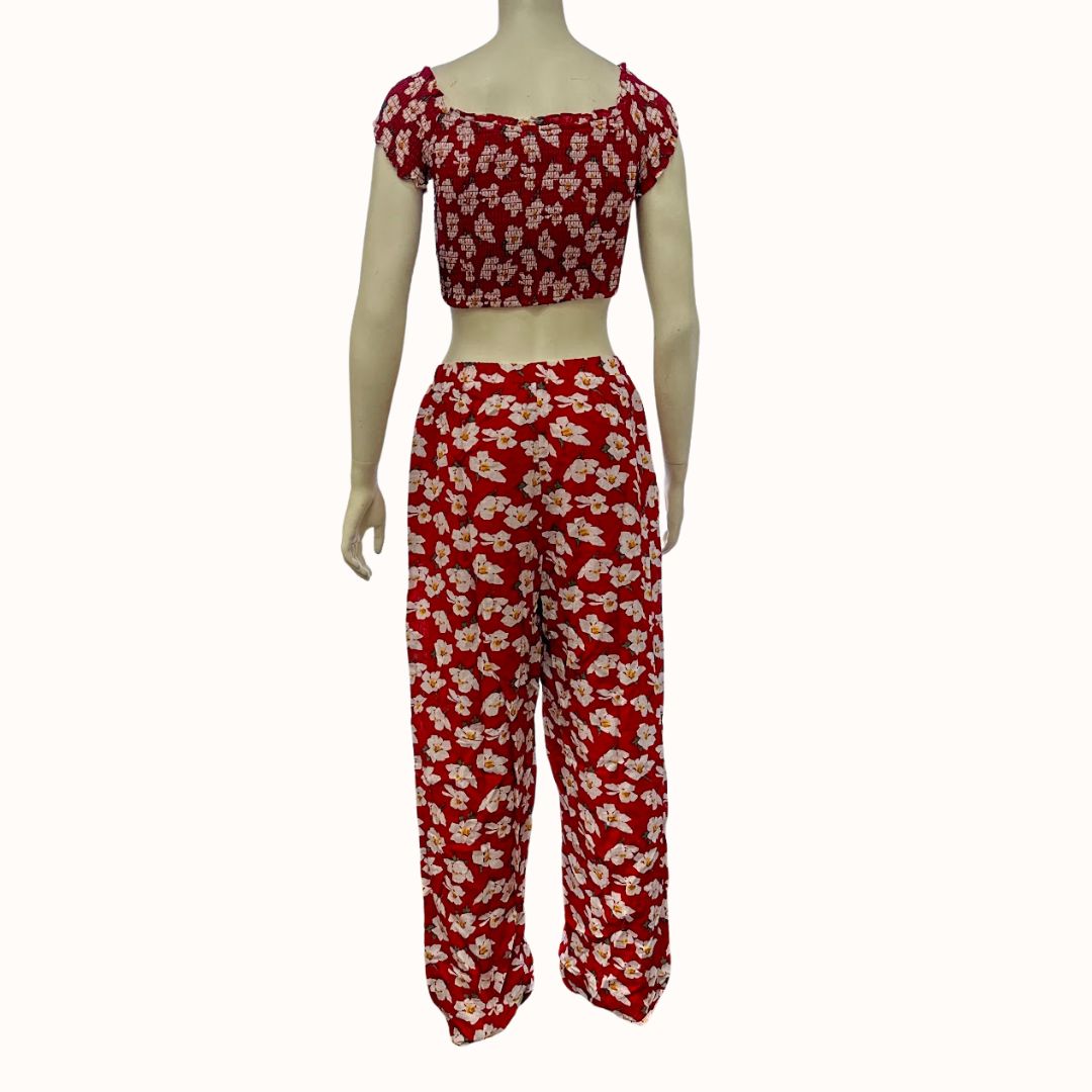 Lulus Flirty Flowers Red Floral Print Smocked Two-Piece Jumpsuit, Size Large