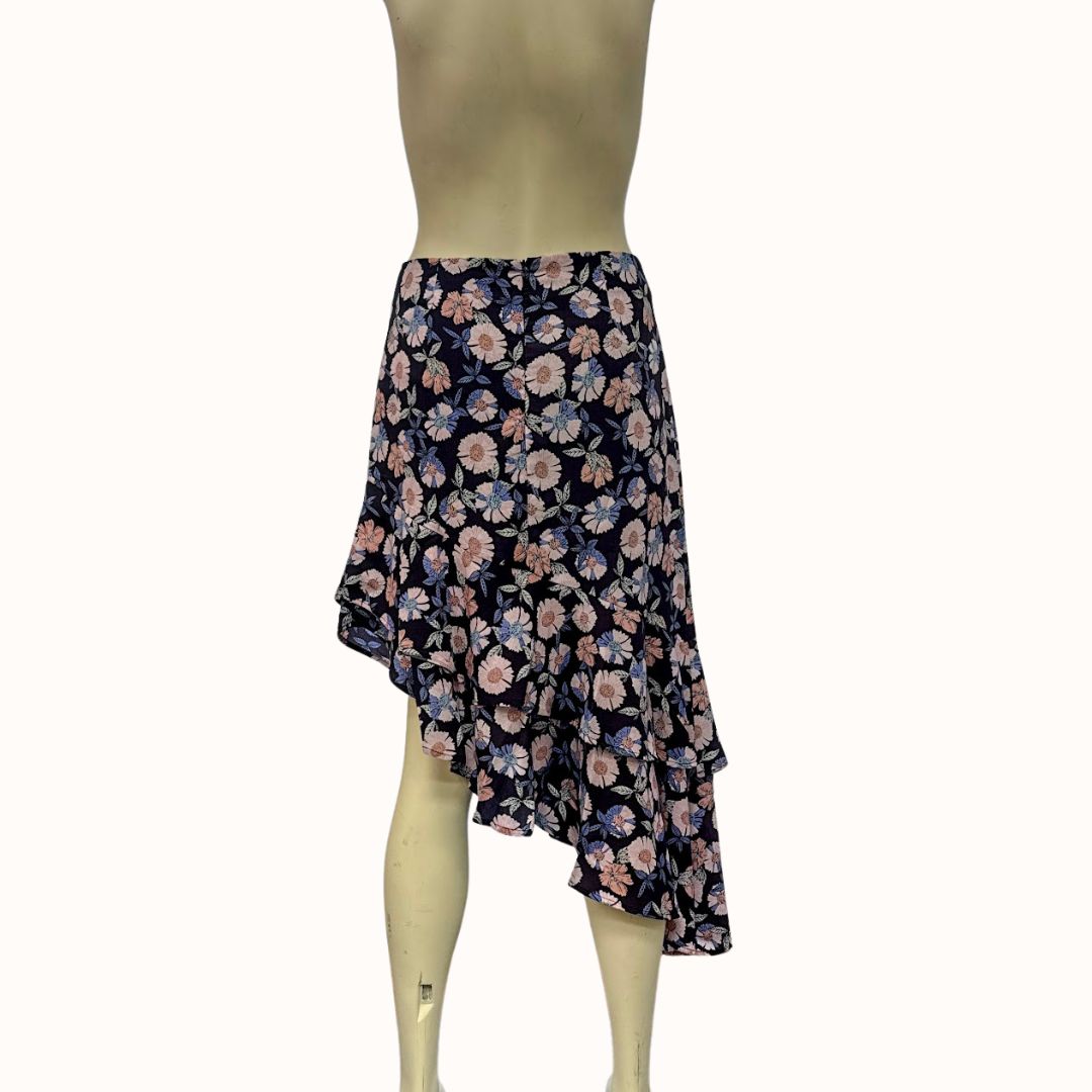 Lulus Boundless Beauty Black Floral Print Asymmetrical Midi Skirt, Size Medium