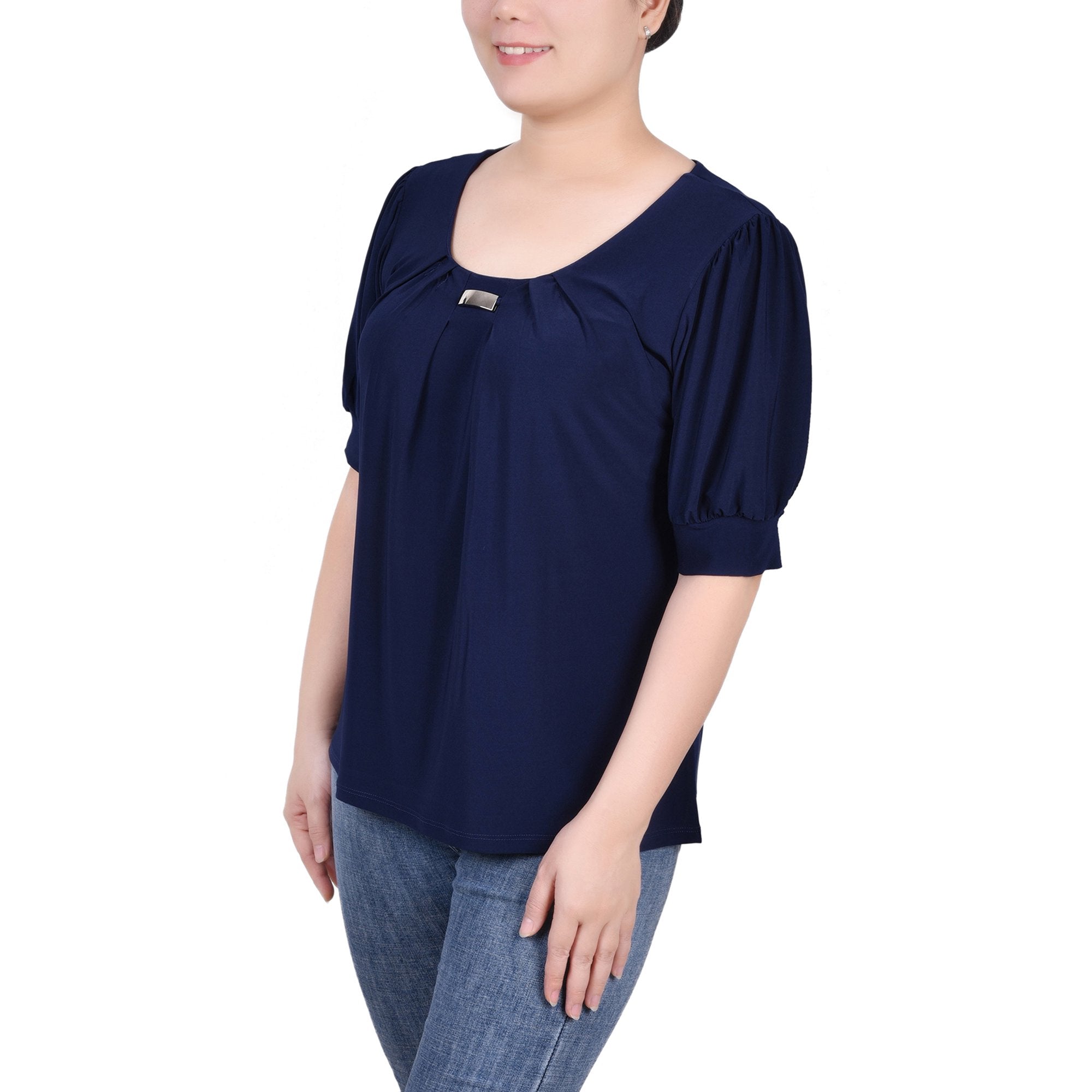 NY Collection Women S Short Sleeve Balloon Sleeve Top with Hardware