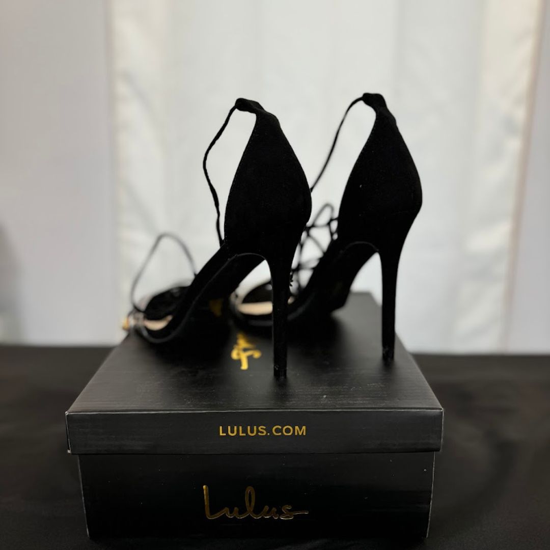 Lulus Ledah Black Suede Lace-Up Heels, Size 8.5