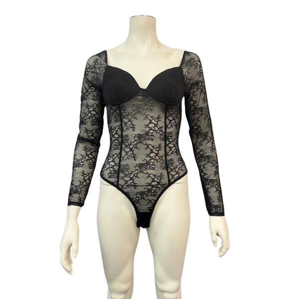 Lulus Tempting Romance Black Lace Long Sleeve Bodysuit, Size Medium