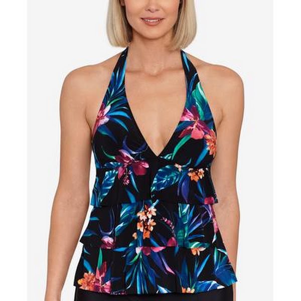 Swim Solutions Womens Printed Tiered Halter Tankini Top, Size 10