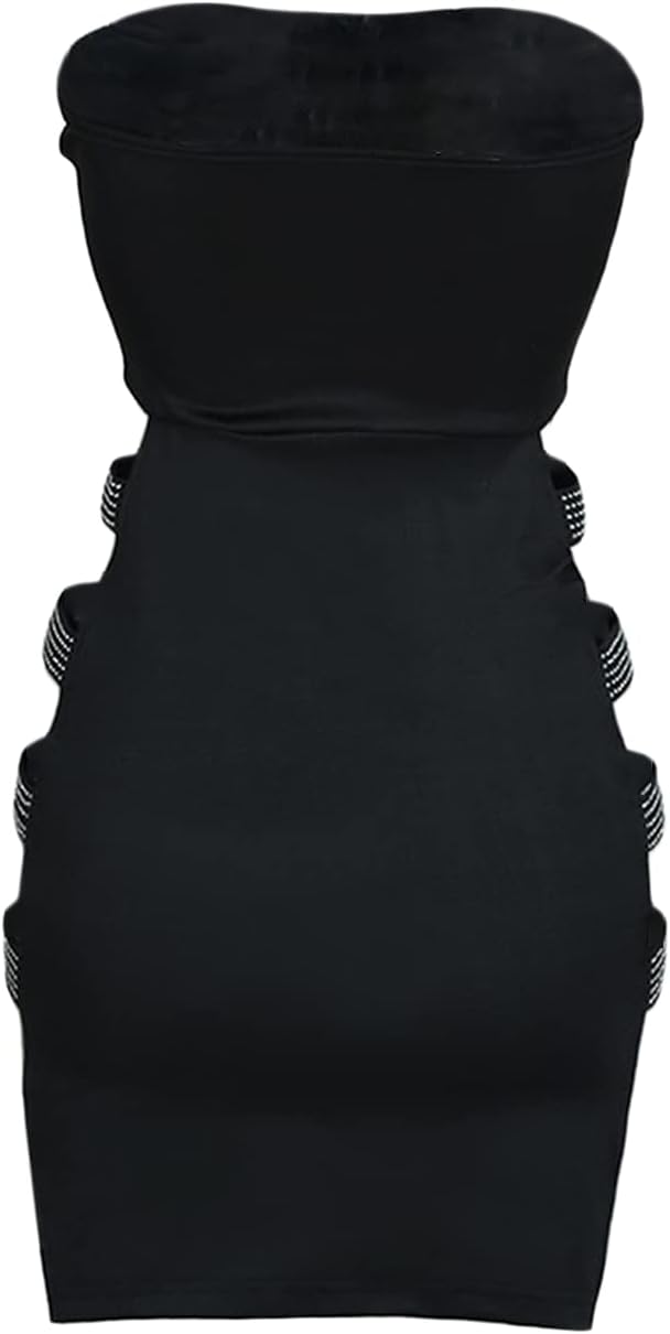 Sleeveless Rhinestone Hollow Pencil Mini Dress, Size M