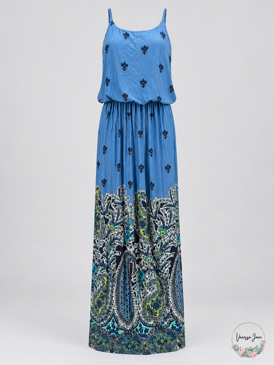 Cato Blue Paisley Border Sleeveless Blouson Maxi Dress S stock photo