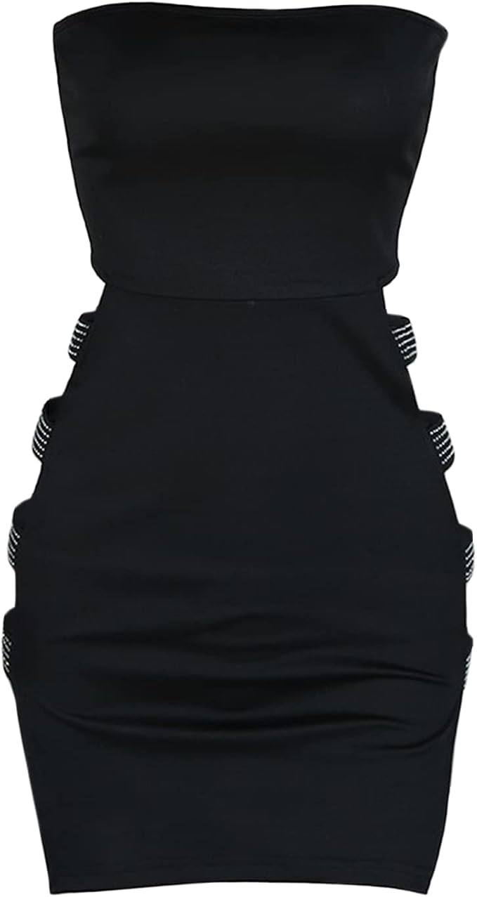 Sleeveless Rhinestone Hollow Pencil Mini Dress, Size M