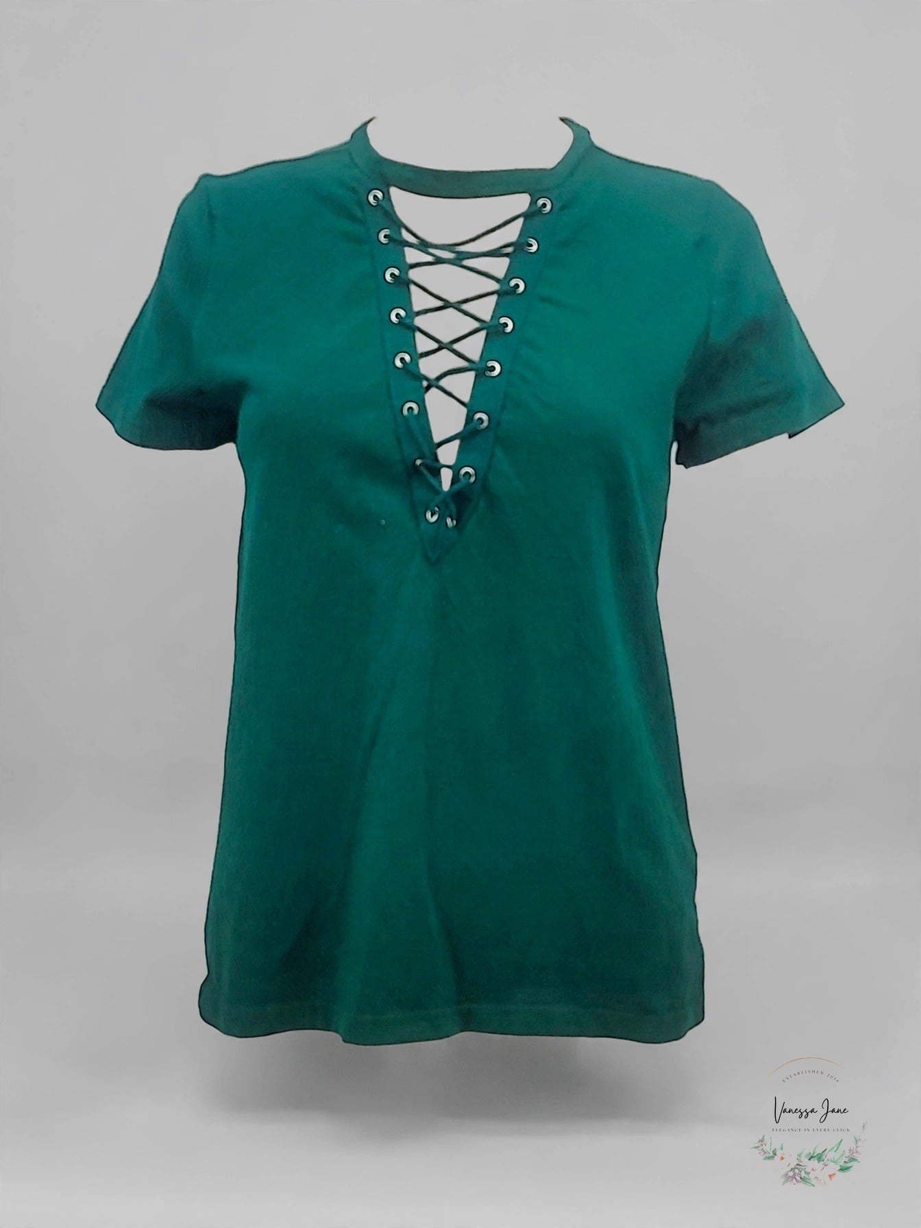 JM Collection Lace-Up Top Green Size Large