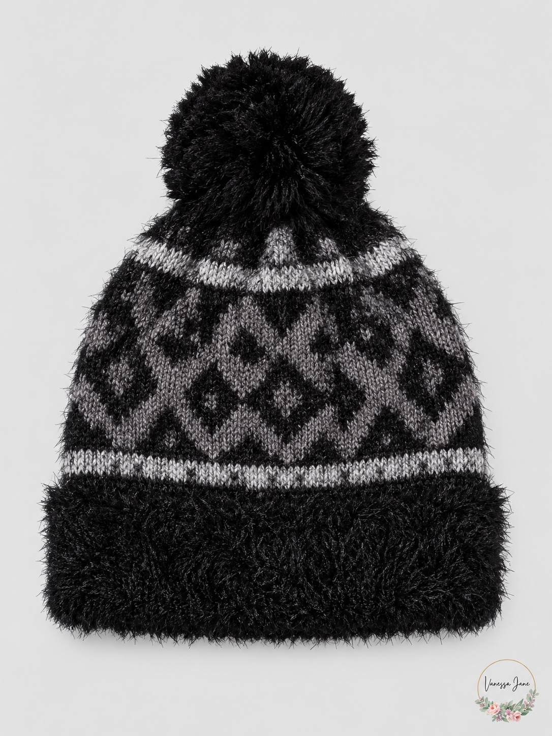 Charter Club Black Gray Fair Isle Chenille Pom-Pom Cuff Beanie stock