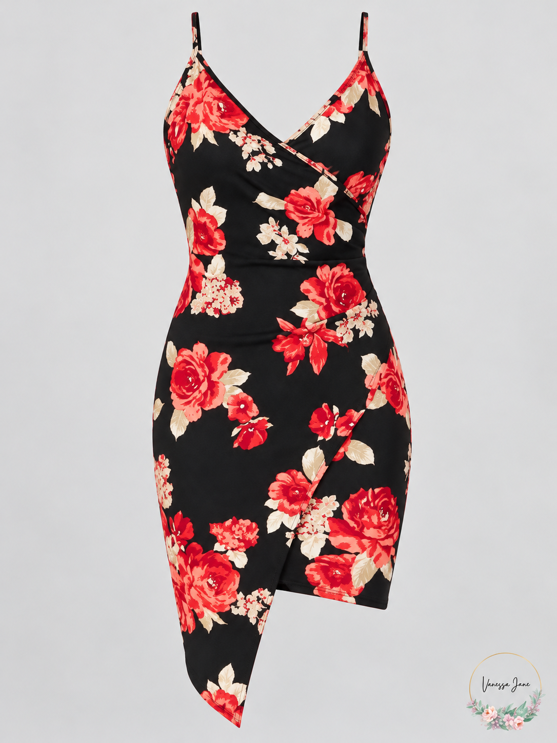 Crave Fame Juniors Black Red Floral Sleeveless Wrap Mini Dress stock photo