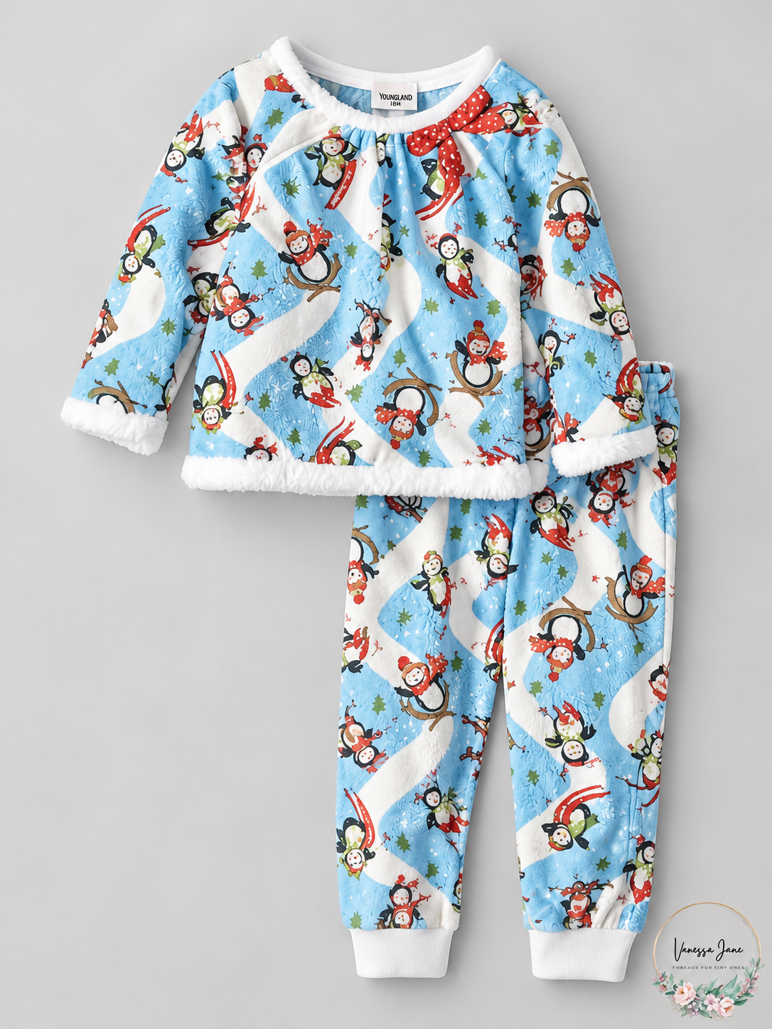 Youngland Baby Girls' Penguin Holiday Outfit, 18 Months, Blue & White