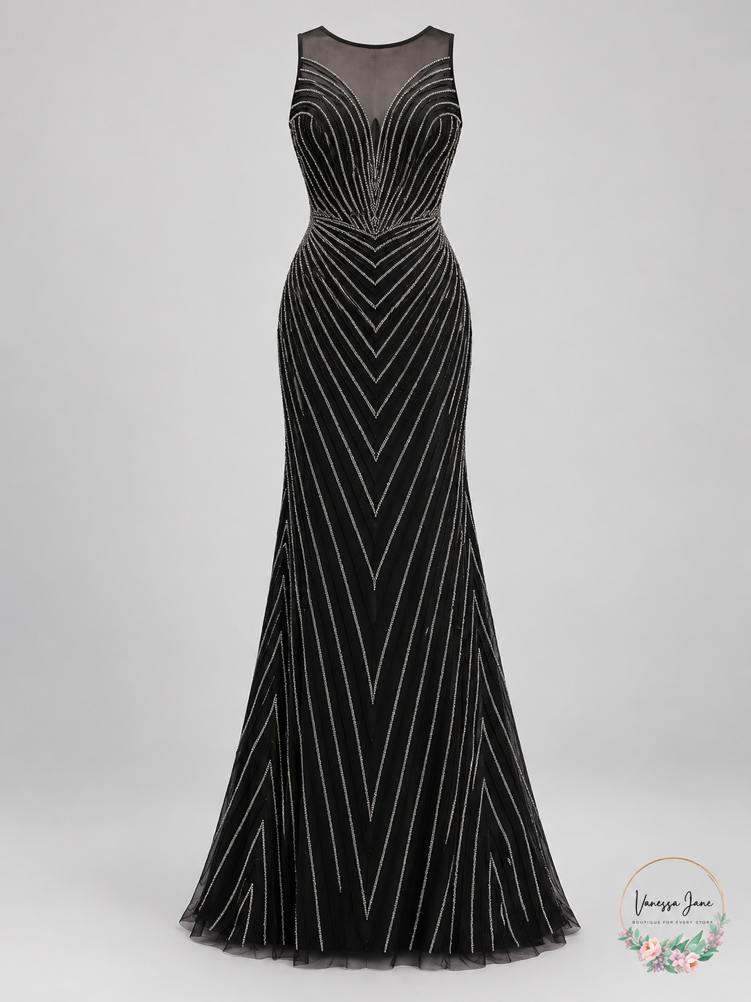 Adrianna Papell Black Beaded Illusion Mermaid Gown Size 14 — stock