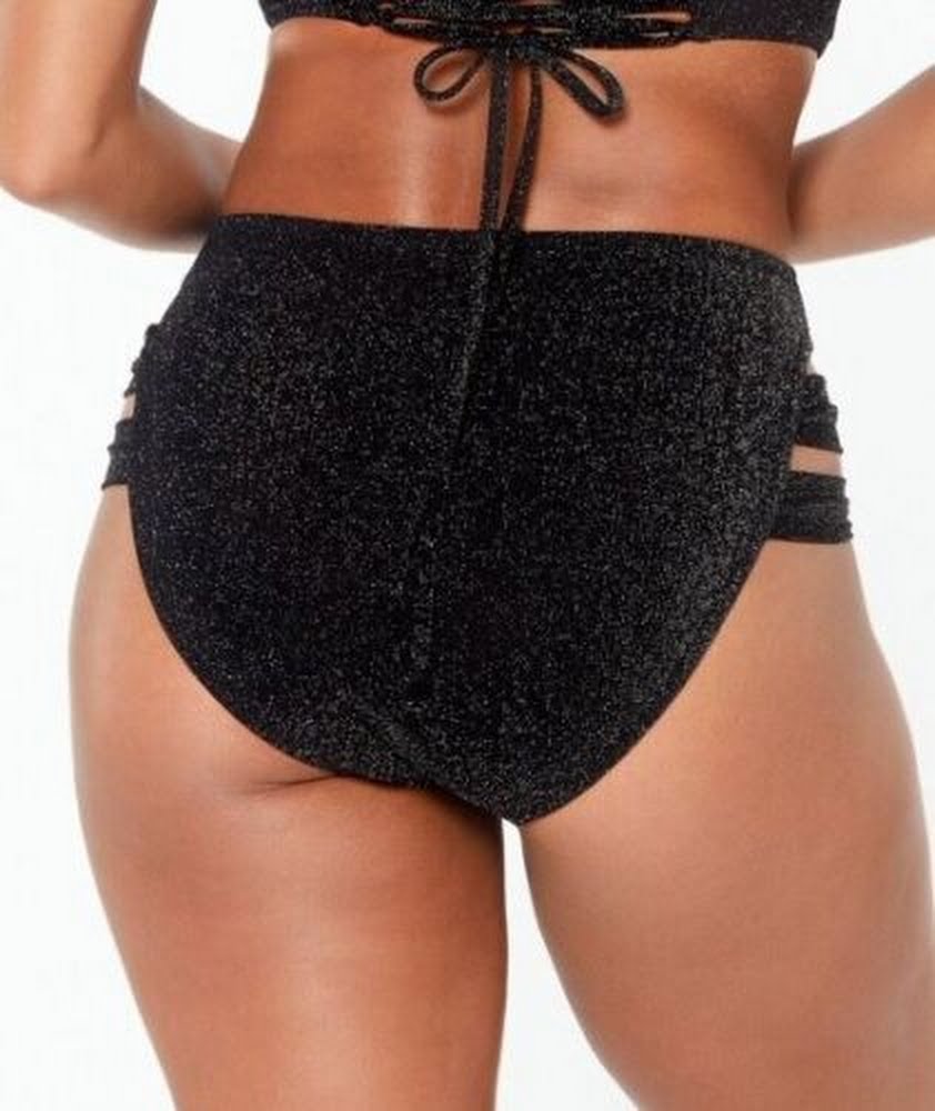 Bar III Black Shimmer Strappy-Leg High-Rise Bikini Swim Bottoms, Medium