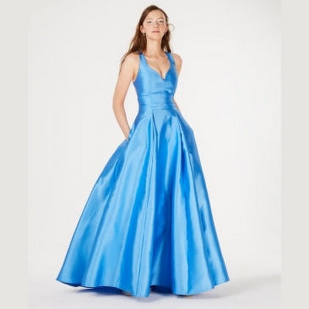 B Darlin Juniors Cage-Back Satin Ballgown, Sky Blue, Various Sizes (With Defect)