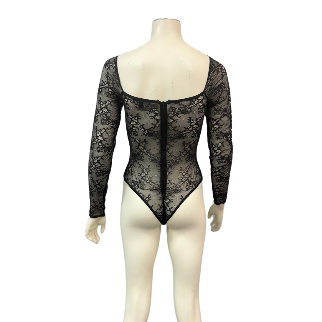 Lulus Tempting Romance Black Lace Long Sleeve Bodysuit, Size Medium