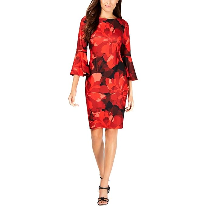 Calvin Klein Womens Red Floral Print Bell Sleeve Jewel Neck Dress/Size 6