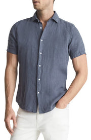 Reiss Holiday Short Sleeve Linen Button-up Shirt in Steel Blue