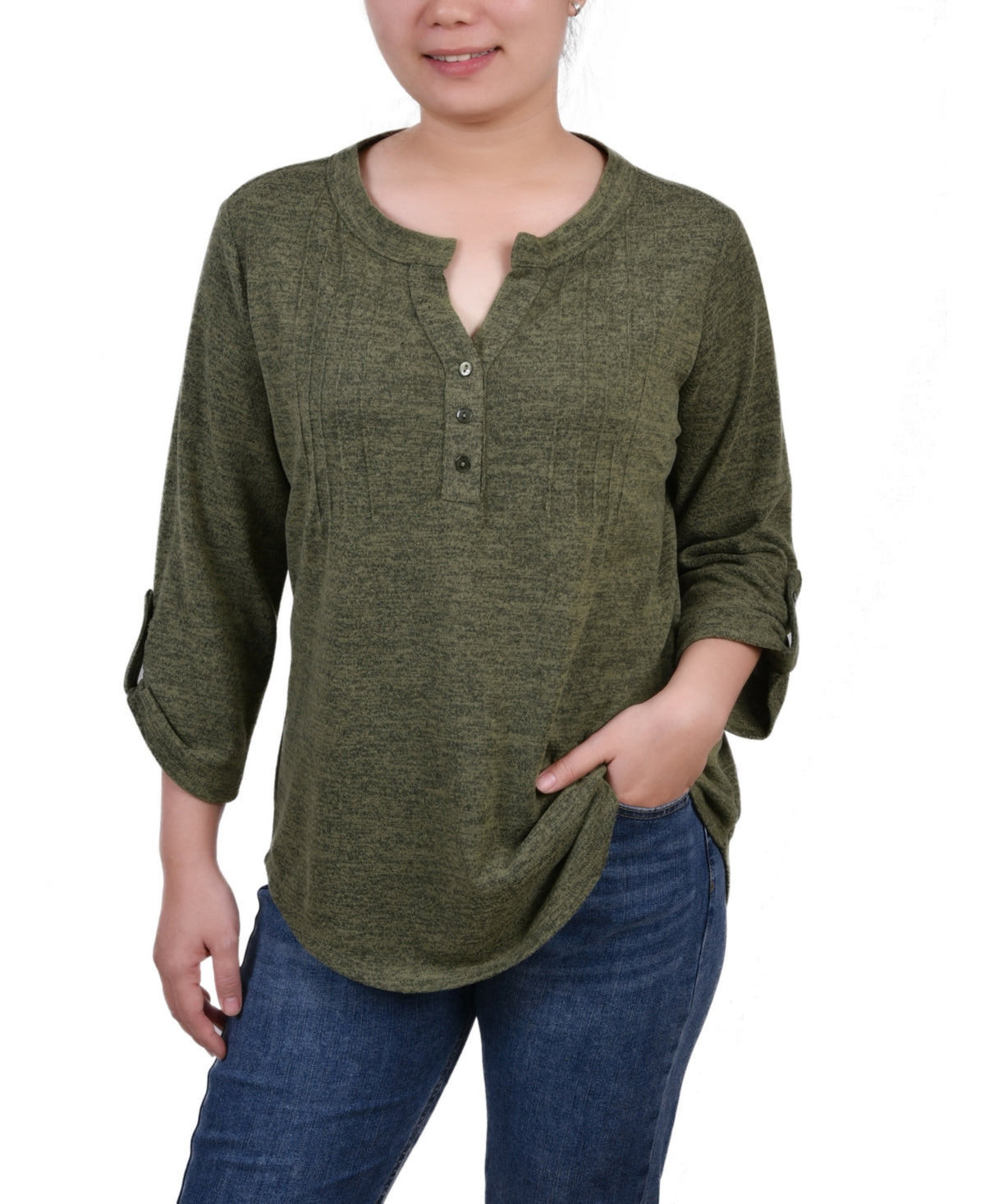 Ny Collection Womens 3/4 Roll Tab Sleeve Y-Neck Top, Large