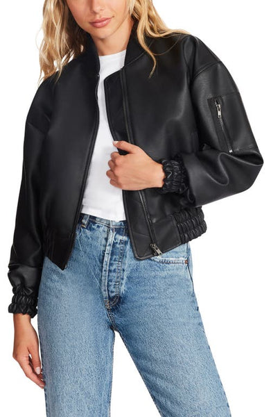 Steve Madden Womens Parker Faux Leather Cropped Bomber Jacket, Small