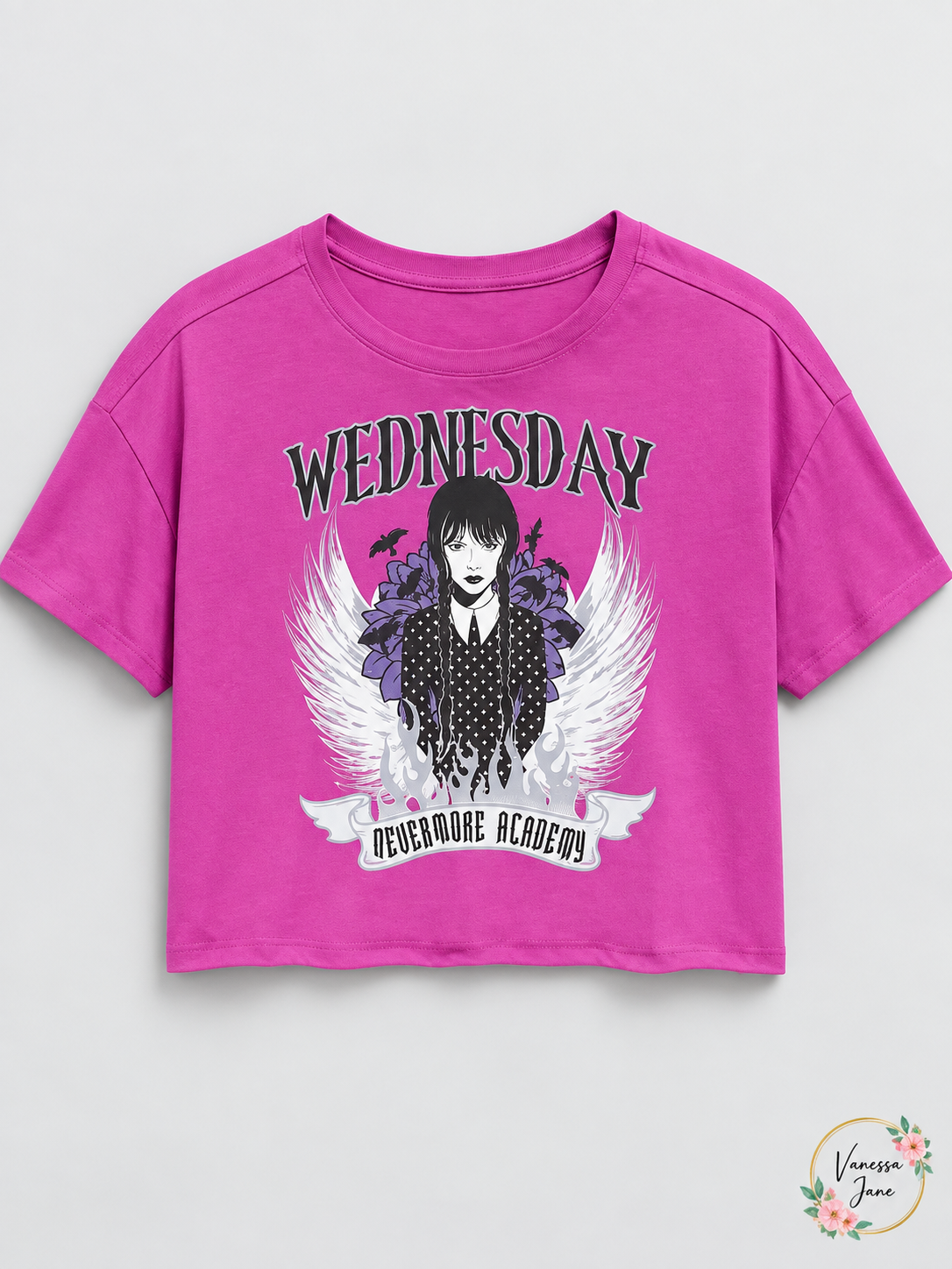 Old Navy Girls Wednesday Nevermore Purple Cropped T-Shirt, Size 14–16