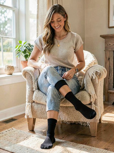 MD USA Crab Yarn Summer Diabetic Crew Socks, Black, Medium size 5-10