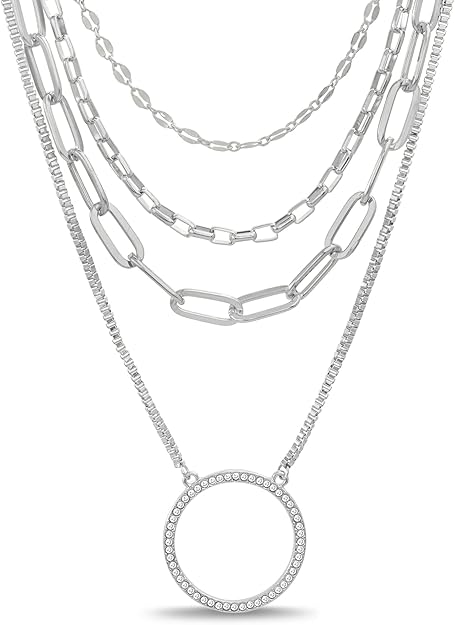 Nautica Rhinestone Layered Pendant Necklace for Women Rhodium Plated Alloy