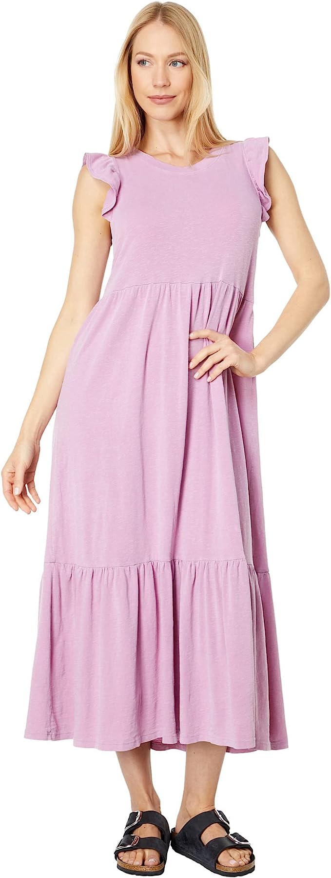 SUNDRY Ruffle Sleeve Tiered Dress in Cotton Spandex