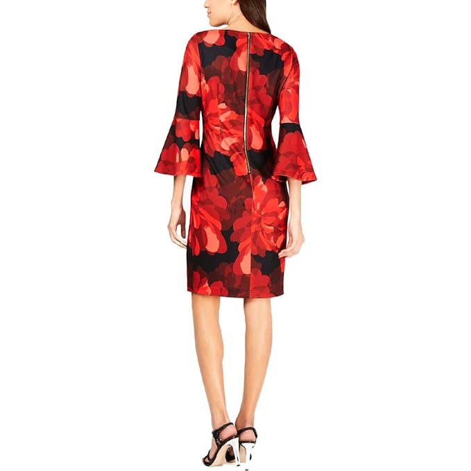 Calvin Klein Womens Red Floral Print Bell Sleeve Jewel Neck Dress/Size 6