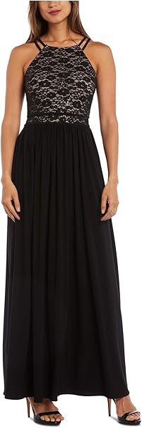 Nightway Lace Solid Sleeveless Halter Full-Length Evening Dress, Size 10