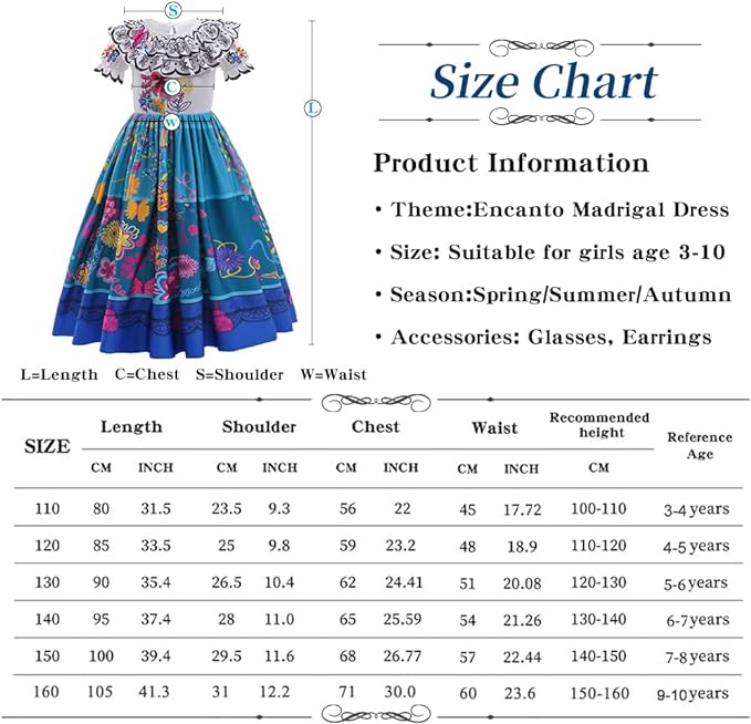 Encanto Madrigal Dress Girls Mirabel Costume w/Bag, Size 6/7