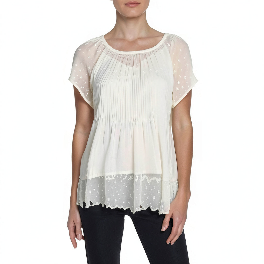 Velvet By Graham & Spencer Womens Ivory Sheer Ruffled Blouse Top,Size Medium