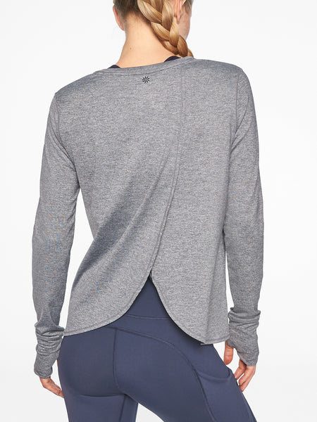 Athleta Gray Long Sleeve Workout Top with open Overlay Back Thumb Holes Size L