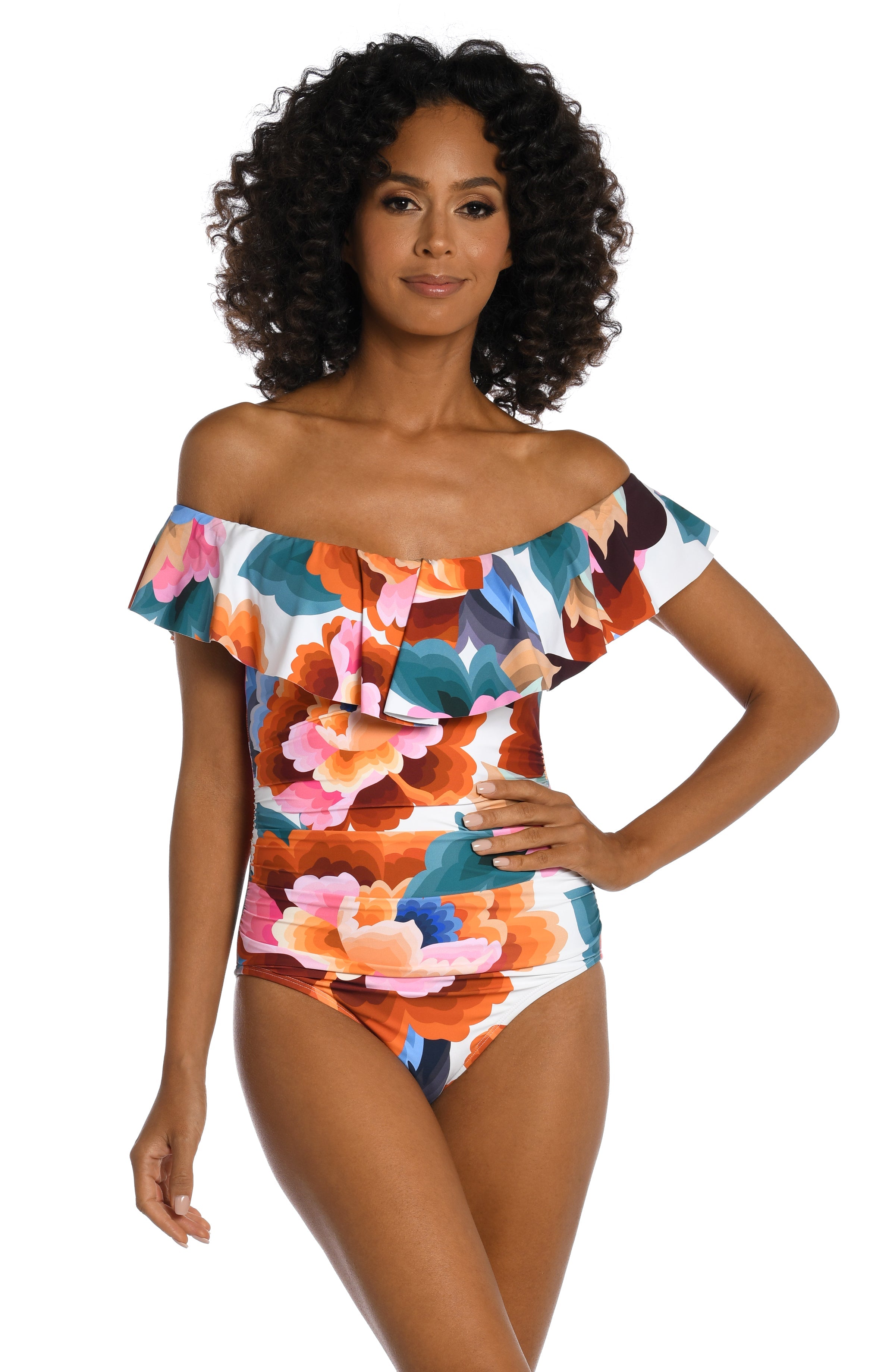 La Blanca Best Escape Off Shoulder Ruffle One Piece Swimsuit, Size 4