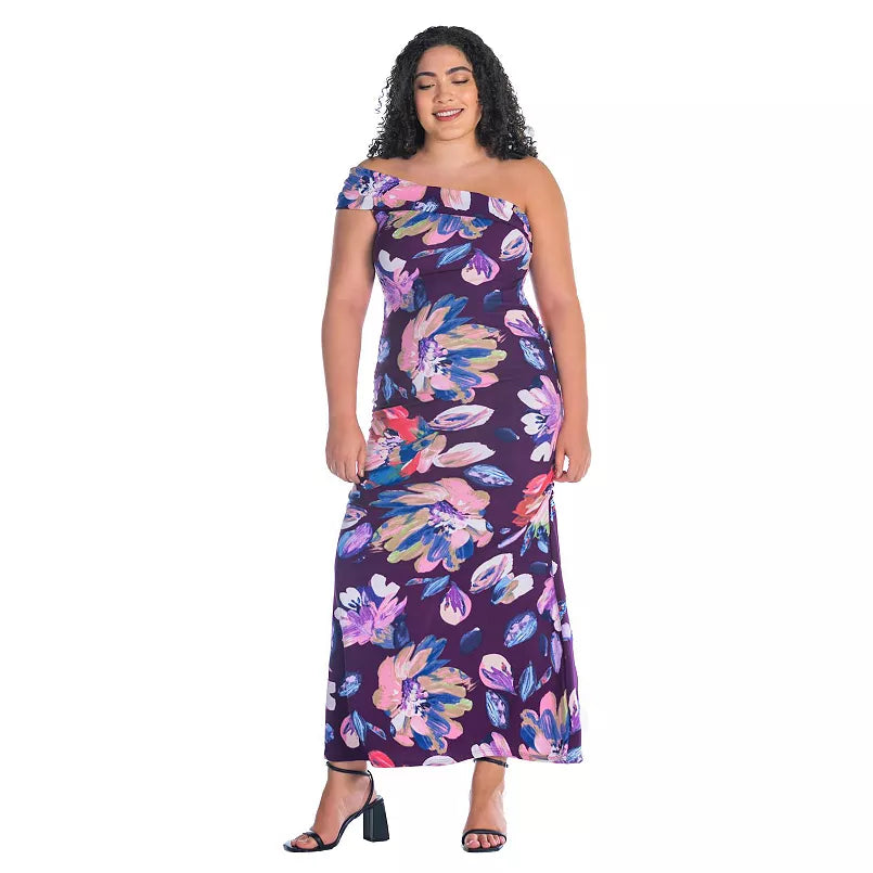 24Seven Comfort Apparel Purple Floral One-Shoulder Ruched Mermaid Maxi Dress, Size M
