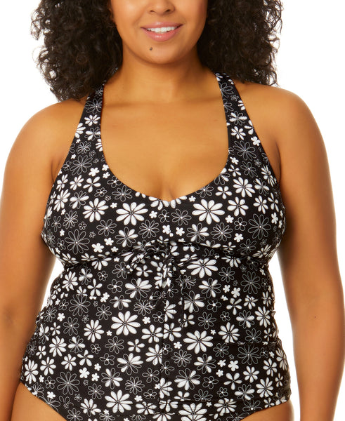 Salt + Cove Trendy Plus Size Coastal Fleurs Cinch-Front X-Back Tankini, 1X