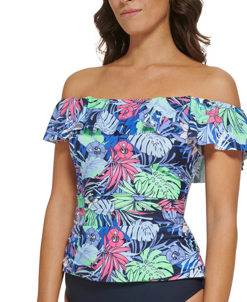 Tommy Hilfiger Womens Printed Ruffled Off-the-Shoulder Tankini Top , Size XS