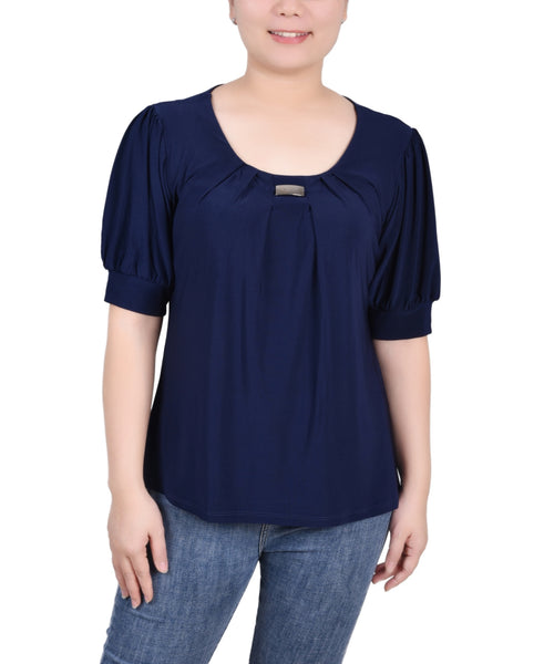 NY Collection Women S Short Sleeve Balloon Sleeve Top with Hardware