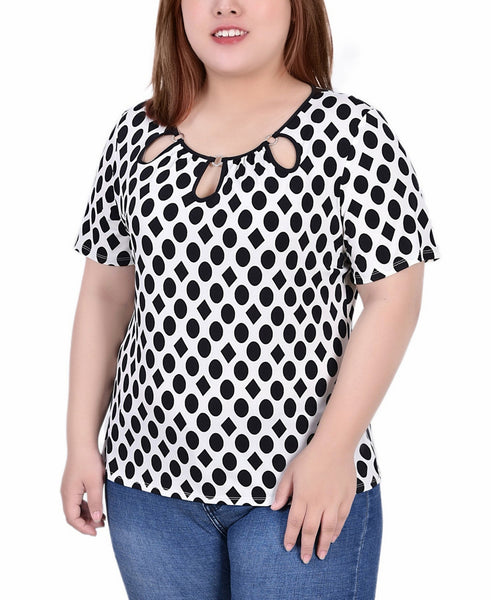 Ny Collection Plus Size Short Sleeve with Ring Details Top, 2X - Circles and Diamonds