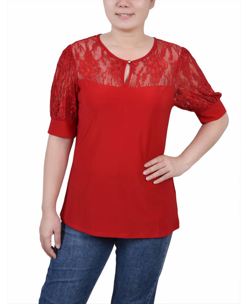 Ny Collection Womens Short Puff Sleeve Top with Lace Sleeves and Yoke