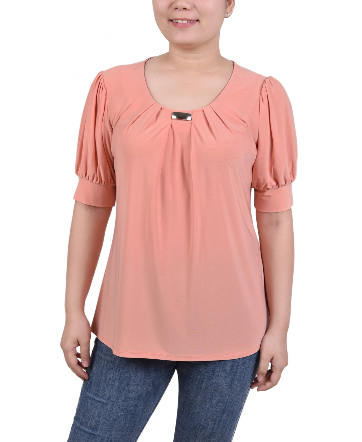 NY Collection Women S Short Sleeve Balloon Sleeve Top with Hardware
