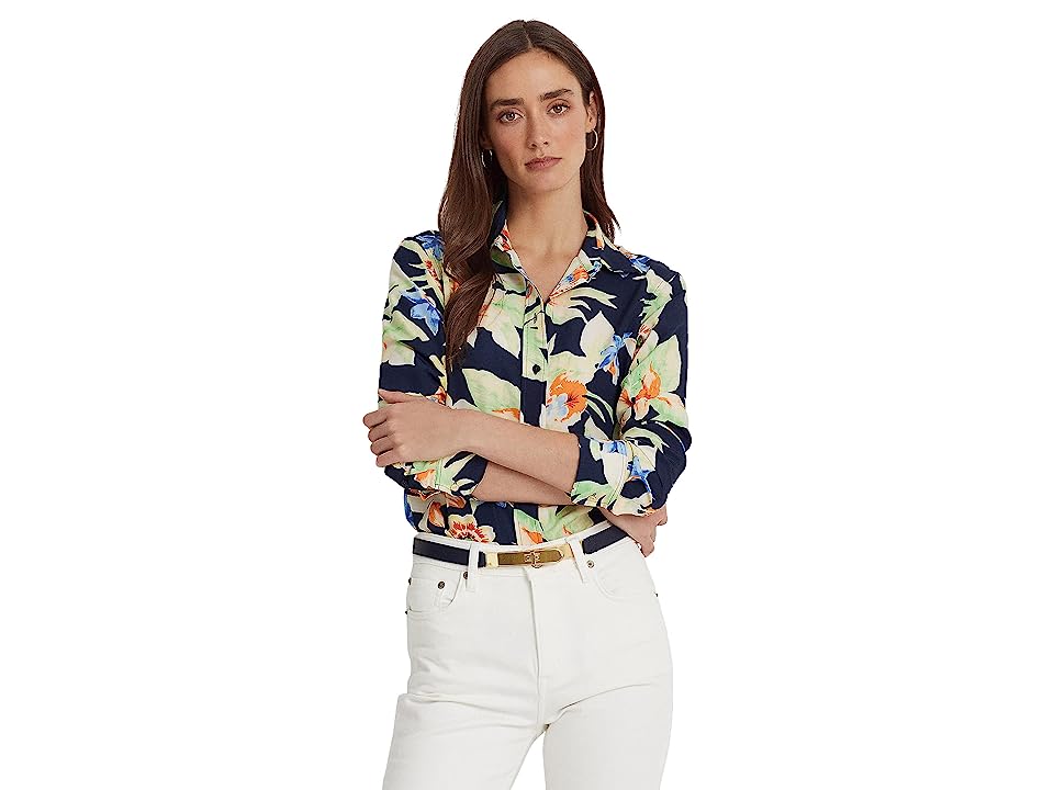 Lauren Ralph Lauren Petites Womens Collar Printed Button-Down Top, Size PXS